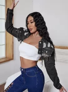 SHEIN SXY 超短版牛仔夾克 - 深灰色 - 查看 4