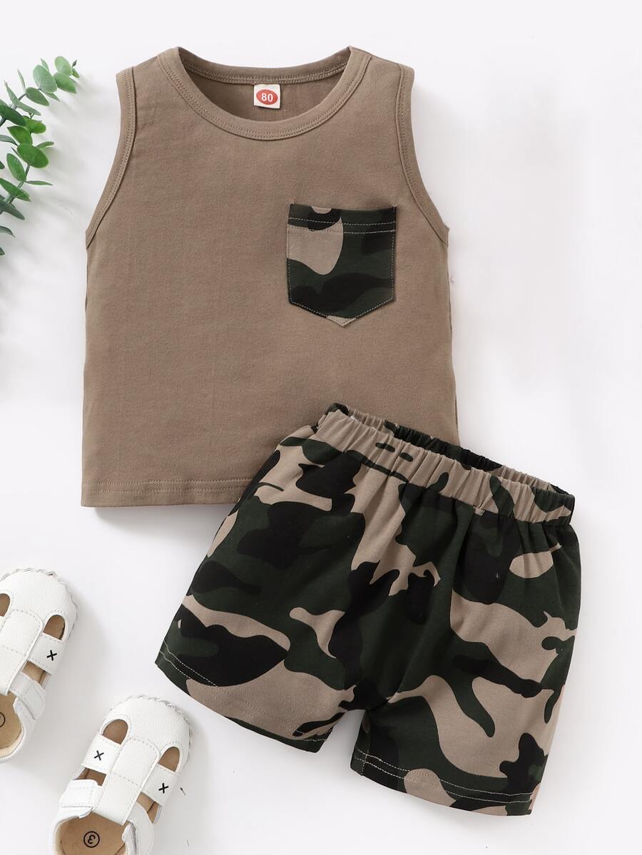 Baby Contrast Camo Pocket Tank Top & Shorts - Multicolor - View 1