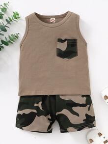 Baby Contrast Camo Pocket Tank Top & Shorts - Multicolor - View 3