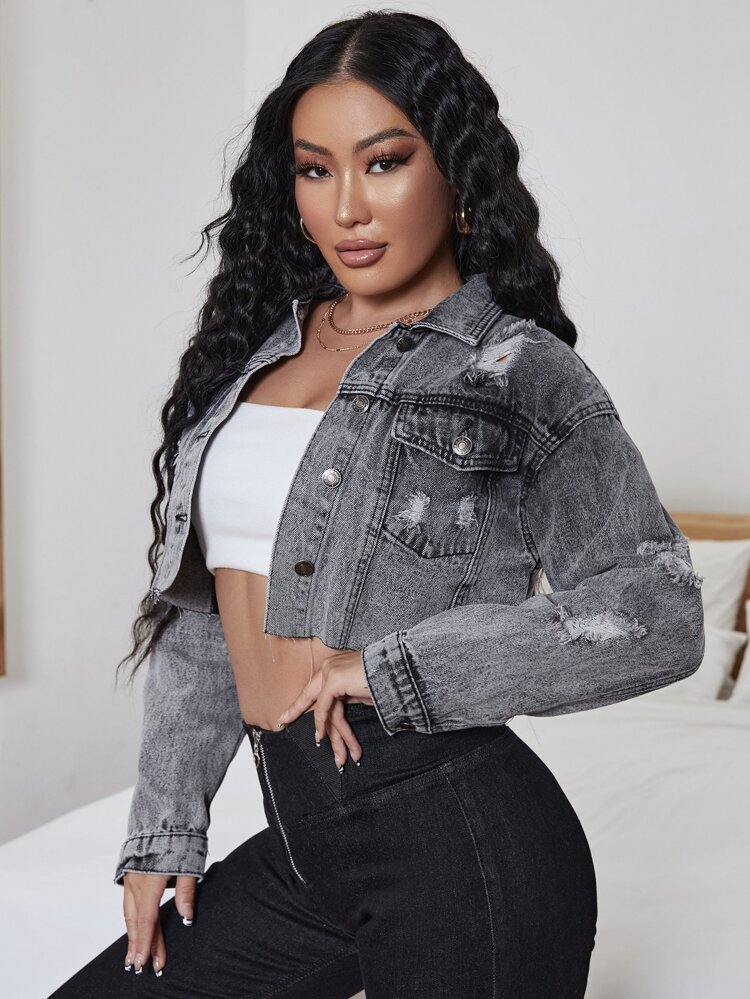 Ripped Chain Detail Raw Cut Drop Shoulder Crop Denim Jacket
