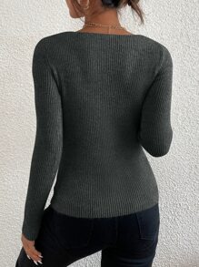 SHEIN Essnce Jersey unicolor tejido de canalé de cuello V - Gris Oscuro - Ver 2