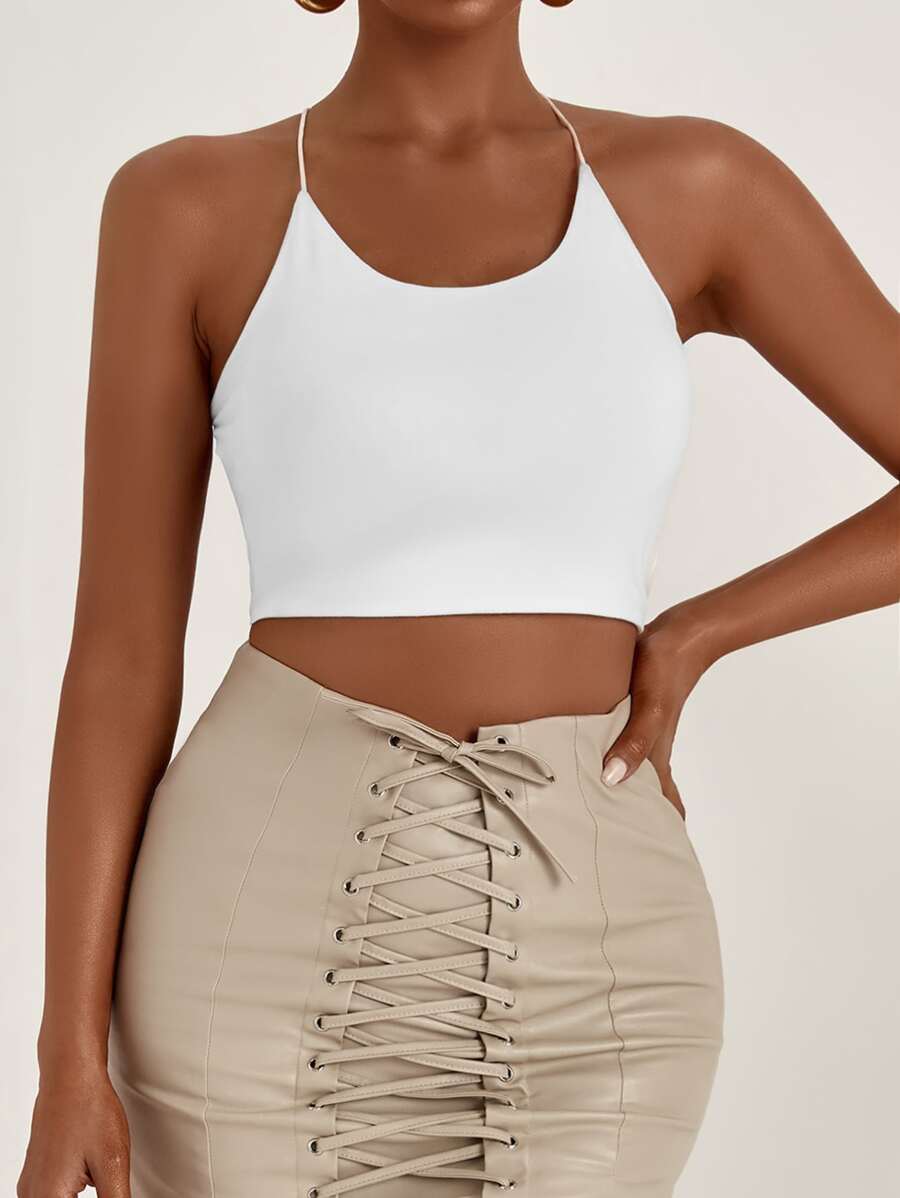 Chiquease Backless Lace Up Crop Cami Top - White - View 1