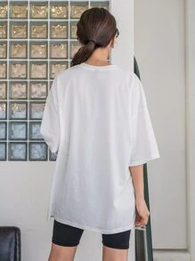 DAZY 標語貼布細節下擺開叉落肩T恤 - 白色 - 查看 2