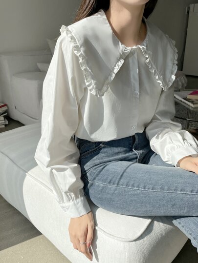 قميص بياقة بيتر بان مزين بالكشكشة وأزرار أمامية، أكمام طويلة، ملابس خريفية