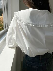 DAZY 荷叶边彼得潘领纽扣前开襟衬衫、长袖上衣、秋装 - 白色 - 查看 2