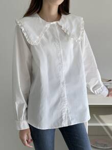 DAZY 荷叶边彼得潘领纽扣前开襟衬衫、长袖上衣、秋装 - 白色 - 查看 3