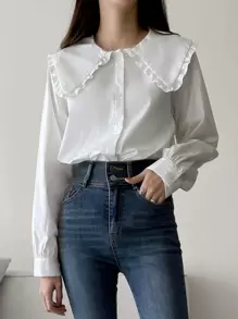 DAZY 荷叶边彼得潘领纽扣前开襟衬衫、长袖上衣、秋装 - 白色 - 查看 5