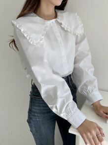 DAZY 荷叶边彼得潘领纽扣前开襟衬衫、长袖上衣、秋装 - 白色 - 查看 6