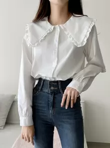 DAZY 荷叶边彼得潘领纽扣前开襟衬衫、长袖上衣、秋装 - 白色 - 查看 7