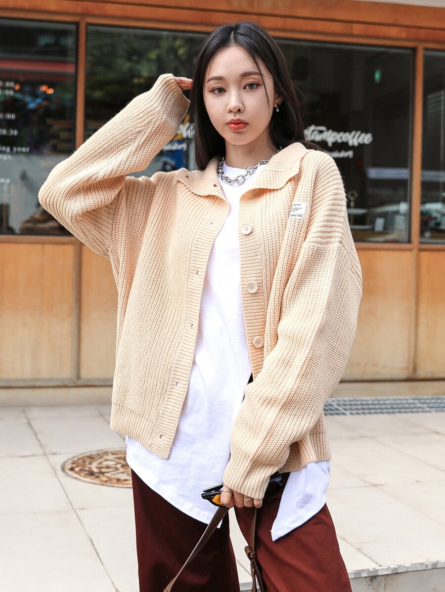 DAZY Patch Detail Drop Shoulder Cardigan - Apricot - View 1