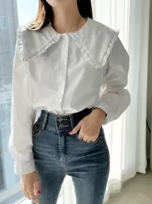 DAZY 荷叶边彼得潘领纽扣前开襟衬衫、长袖上衣、秋装 - 白色 - 查看 8