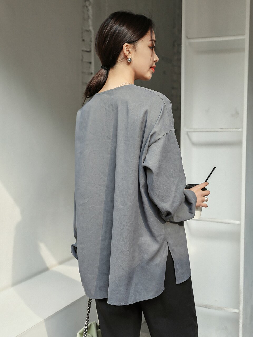 Drop Shoulder Button Front Blouse