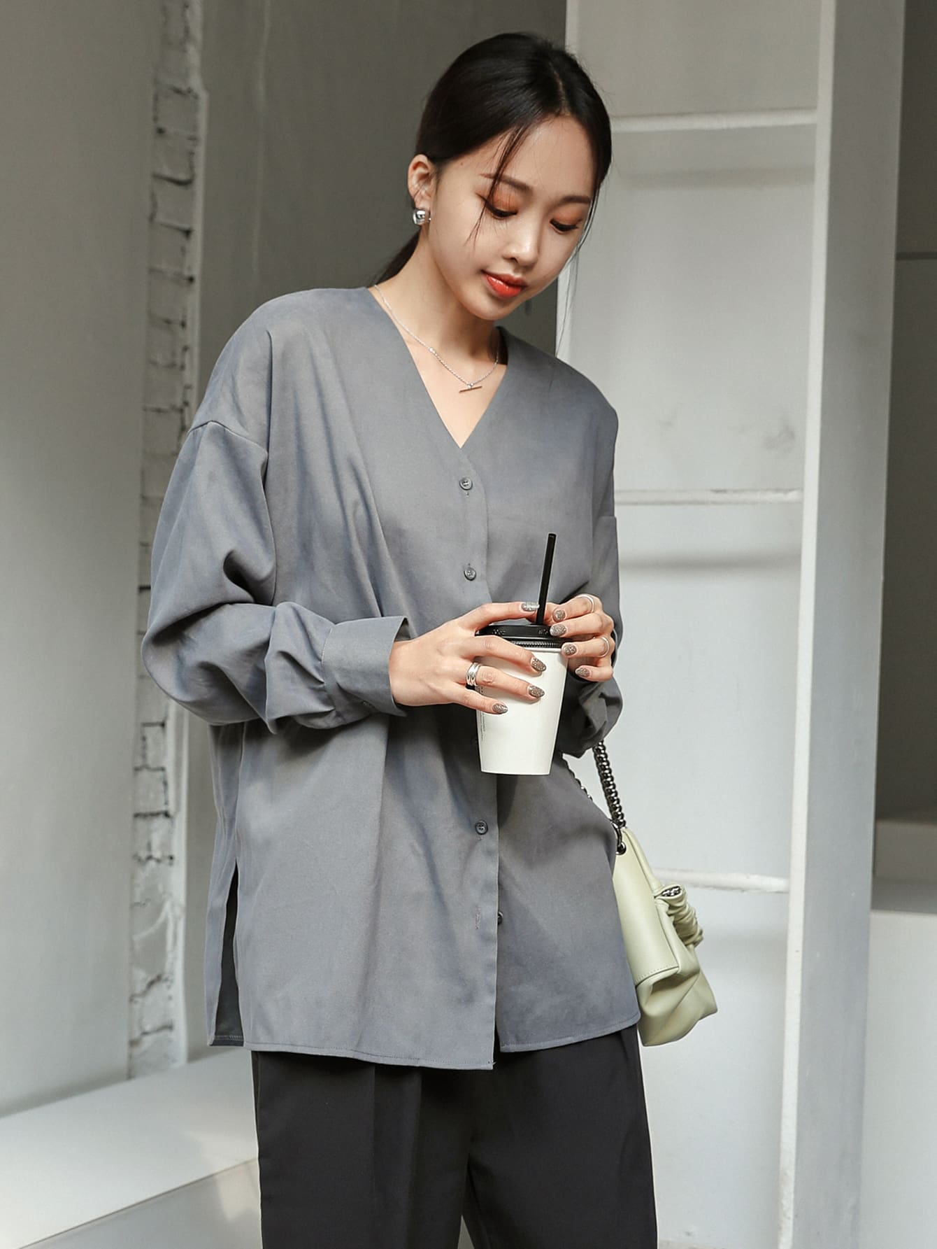 Drop Shoulder Button Front Blouse