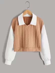 SHEIN 少女拼色粗織針織落肩上衣 - 卡其色 - 查看 1