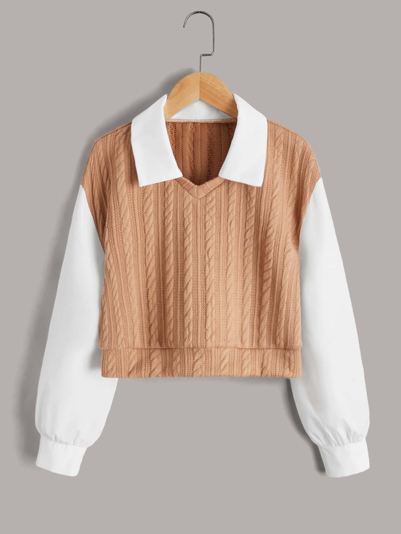 SHEIN 少女拼色粗織針織落肩上衣 - 卡其色 - 查看 1