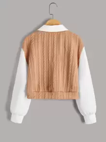 SHEIN 少女拼色粗織針織落肩上衣 - 卡其色 - 查看 2