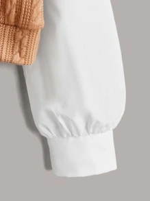 SHEIN 少女拼色粗織針織落肩上衣 - 卡其色 - 查看 3