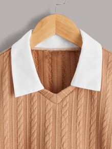 SHEIN 少女拼色粗織針織落肩上衣 - 卡其色 - 查看 4