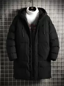 Casaco com Capuz Forrado com Cordão de Fechamento em Zíper Sólido para Homens