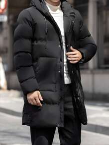 Casaco com Capuz Forrado com Cordão de Fechamento em Zíper Sólido para Homens