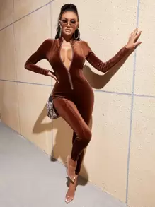 SHEIN SXY Zip Front Velvet Unitard Jumpsuit - Coffee Brown - View 1