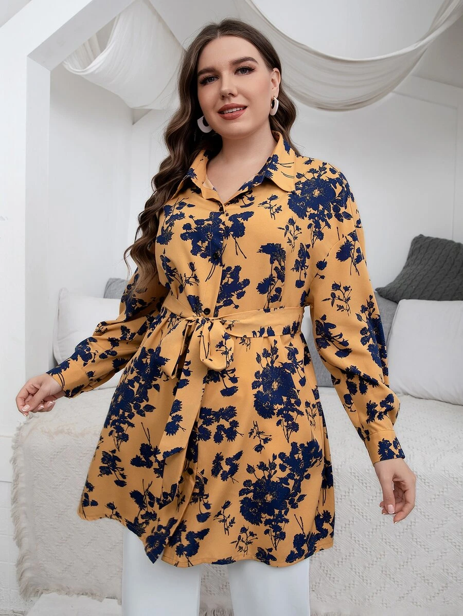 Mulvari Blusa con estampado floral de hombros caídos con cinturón - Mostaza Amarilla - Ver 1