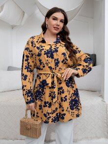 Mulvari Blusa con estampado floral de hombros caídos con cinturón - Mostaza Amarilla - Ver 3