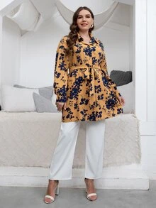 Mulvari Blusa con estampado floral de hombros caídos con cinturón - Mostaza Amarilla - Ver 4