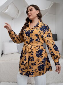 Mulvari Blusa con estampado floral de hombros caídos con cinturón - Mostaza Amarilla - Ver 6