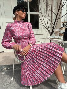 Aveloria Random Leopard Print Lantern Sleeve Pleated Dress - Multicolor - View 1