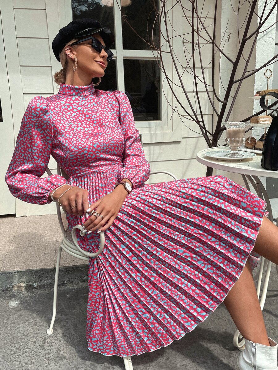 Aveloria Random Leopard Print Lantern Sleeve Pleated Dress - Multicolor - View 1