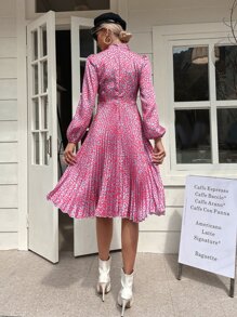 Aveloria Random Leopard Print Lantern Sleeve Pleated Dress - Multicolor - View 2