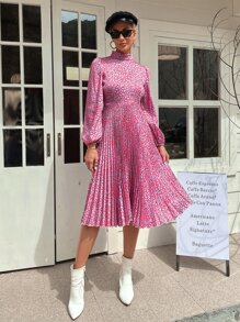 Aveloria Random Leopard Print Lantern Sleeve Pleated Dress - Multicolor - View 3