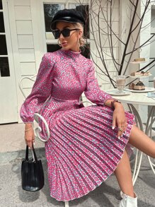 Aveloria Random Leopard Print Lantern Sleeve Pleated Dress - Multicolor - View 4