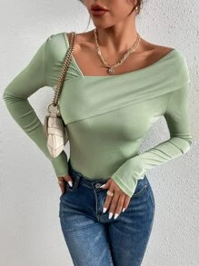 SHEIN BAE Camiseta tejido de canalé de cuello asimétrico - verde menta - Ver 1