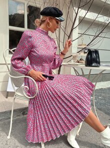 Aveloria Random Leopard Print Lantern Sleeve Pleated Dress - Multicolor - View 6