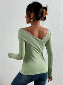 SHEIN BAE Camiseta tejido de canalé de cuello asimétrico - verde menta - Ver 2