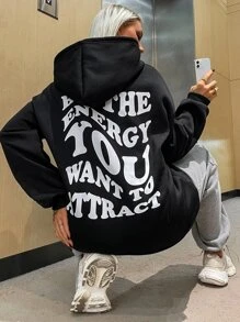 SHEIN Unity Capucha con estampado de slogan con bolsillo de canguro con cordón - Negro - Ver 1