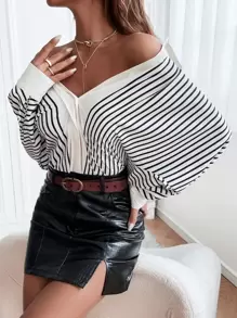 條紋印花蝙蝠袖襯衫