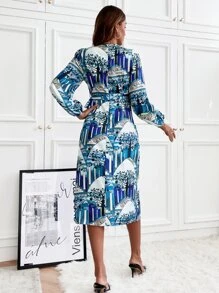 Random Tree Print Lantern Sleeve Tie Side Wrap Dress - Multicolor - View 2