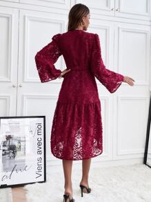 SHEIN Unity 喇叭袖荷葉邊側繫帶毛茸茸圍裹式洋裝 - 酒紅色 - 查看 2