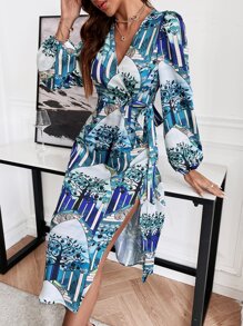 Random Tree Print Lantern Sleeve Tie Side Wrap Dress - Multicolor - View 3