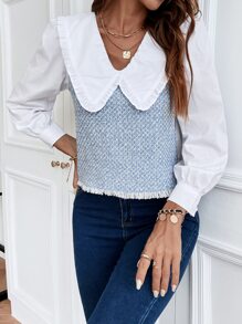 木耳邊誇大領口毛邊緣上衣 - 藍白色 - 查看 3