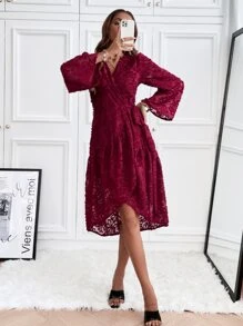 SHEIN Unity 喇叭袖荷葉邊側繫帶毛茸茸圍裹式洋裝 - 酒紅色 - 查看 5