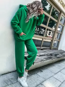 SHEIN Essnce 素色抽繩口袋細節運動衫和衛褲套裝 - 綠色 - 查看 1