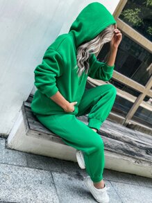 SHEIN Essnce 素色抽繩口袋細節運動衫和衛褲套裝 - 綠色 - 查看 4