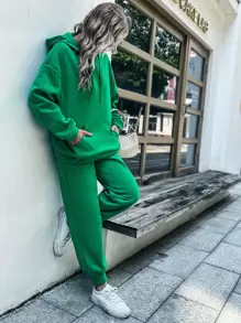 SHEIN Essnce 素色抽繩口袋細節運動衫和衛褲套裝 - 綠色 - 查看 6