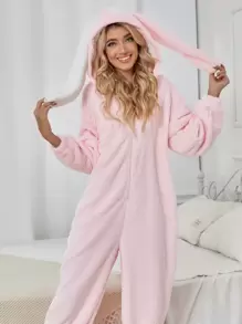 3D Ear Design Hooded Teddy Sleep Romper - Baby Pink - View 1