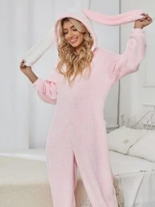 3D Ear Design Hooded Teddy Sleep Romper - Baby Pink - View 3