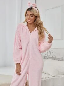 3D Ear Design Hooded Teddy Sleep Romper - Baby Pink - View 4